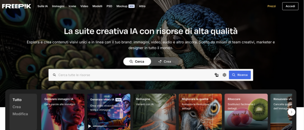 Screenshot della homepage di Freepik con la suite creativa IA e strumenti per immagini, video, icone e modelli di alta qualità.