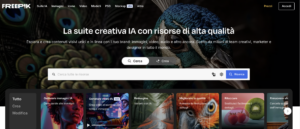 Screenshot della homepage di Freepik con la suite creativa IA e strumenti per immagini, video, icone e modelli di alta qualità.